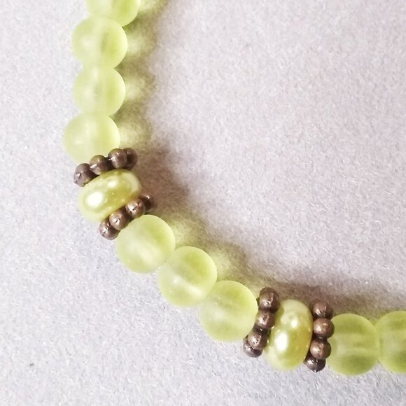 Wrap Bracelet! Dainty Slim + Feminine! Green Glass Beads + Faux Pearls + Copper - Picture 2 of 6